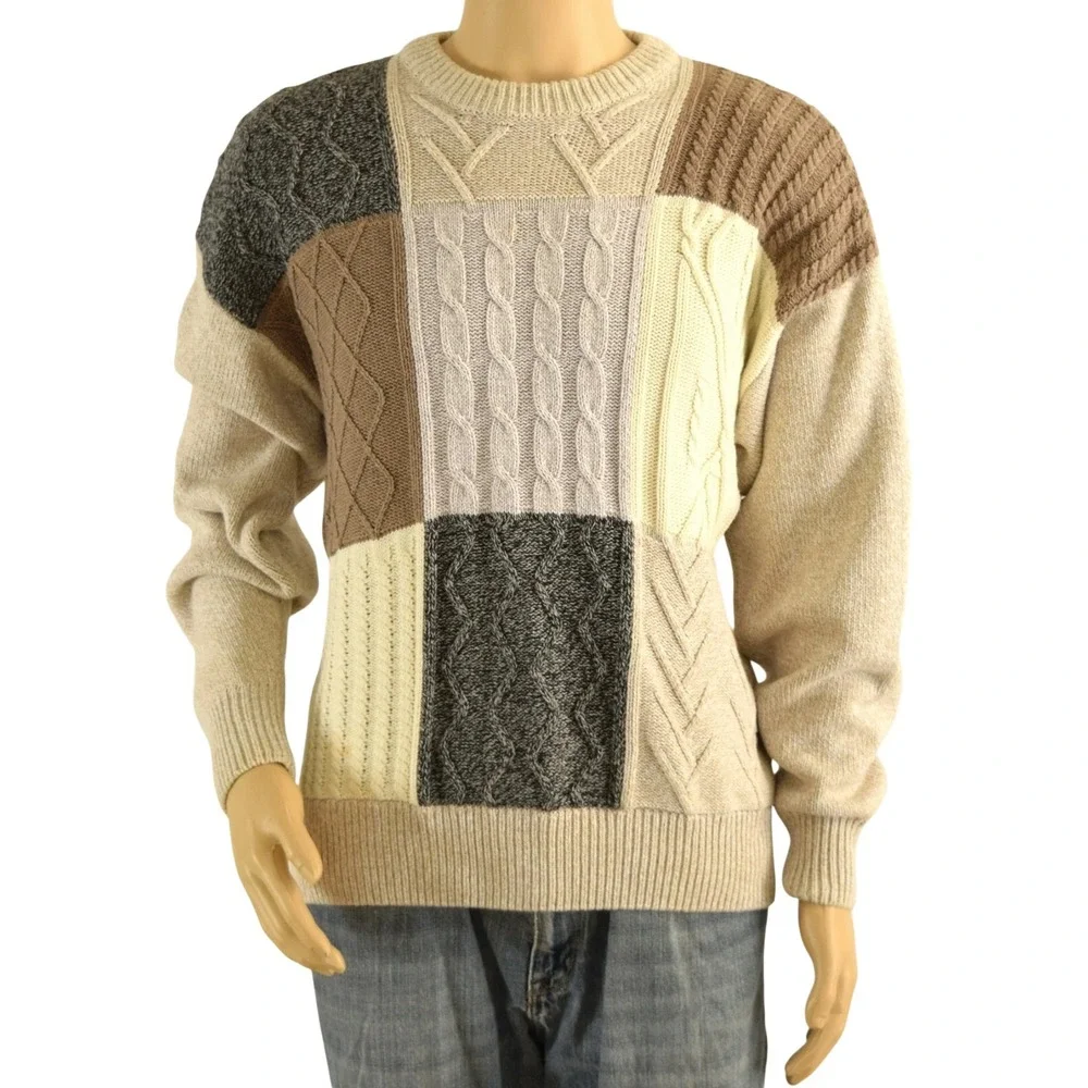 Vtg Orvis Men's XL Patchwork Fisherman Sweater 100% Cotton Cable Knit 90s Boho